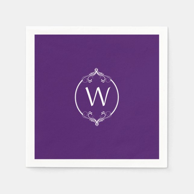 Eggplant Purple White Frame Monogram Paper Napkins (Front)
