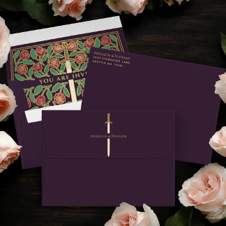 Eggplant Royal Mediaeval Gold Floral Sword Wedding Envelope