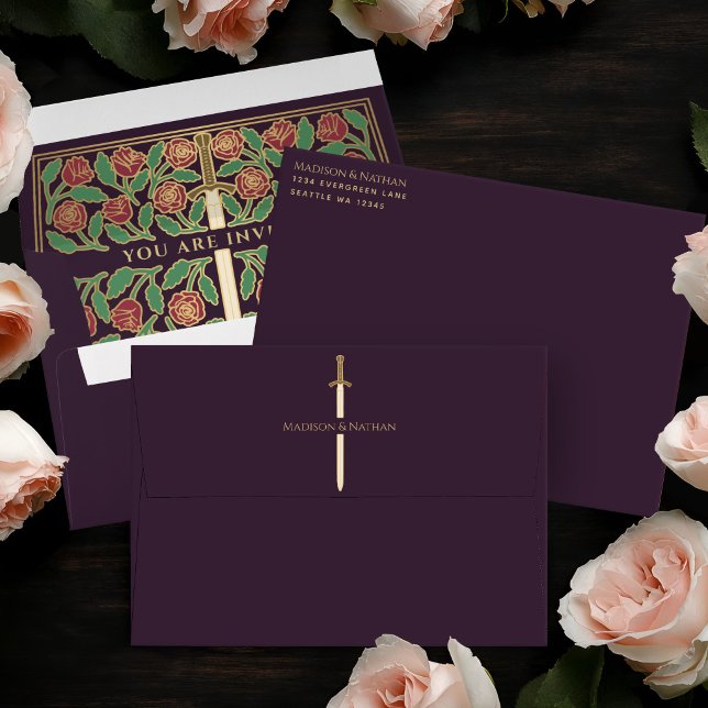 Eggplant Royal Mediaeval Gold Floral Sword Wedding Envelope (Creator Uploaded)