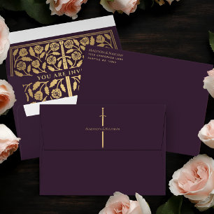 Eggplant Royal Mediaeval Gold Sword Wedding Envelope