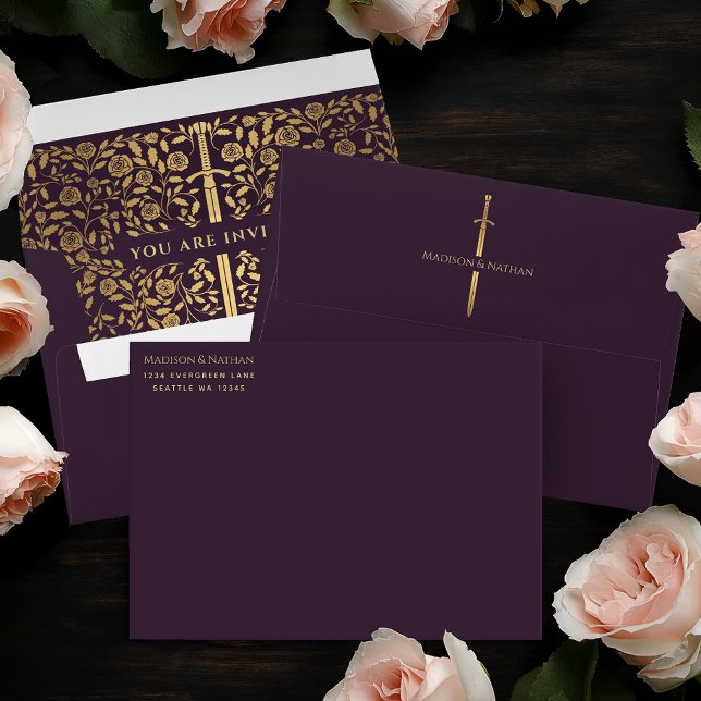 Eggplant Royal Mediaeval Gold Sword Wedding Envelope (Creator Uploaded)