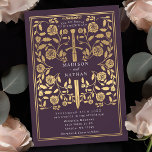 Eggplant Royal Mediaeval Gold Sword Wedding  Invitation<br><div class="desc">Set the tone for your mediaeval fantasy wedding with a bold invitation design—a grand gold sword surrounded by florals against an eggplant background. Perfect for couples dreaming of an epic, romantic celebration. Make your love story legendary from the very first glance! NOTE: the gold featured in this design is NOT...</div>