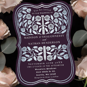 Eggplant Royal Mediaeval Silver Sword Wedding Invitation