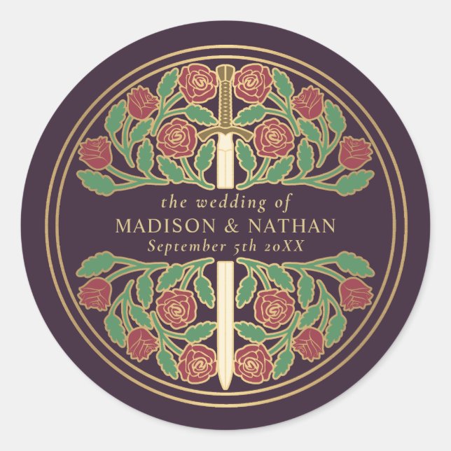Eggplant Royal Mediaeval Sword Wedding  Classic Round Sticker (Front)