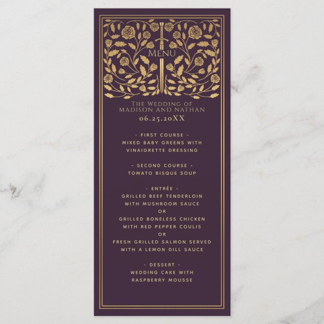 Eggplant Royal Mediaeval Sword Wedding Flat Menu (Front)