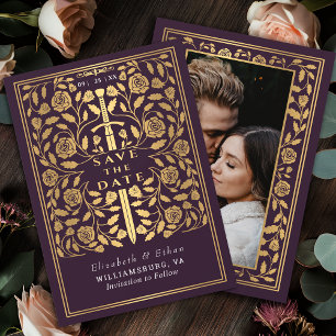 Eggplant Royal Mediaeval Sword Wedding Photo Save The Date