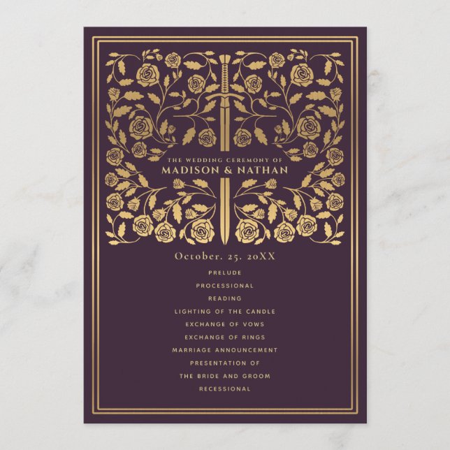 Eggplant Royal Mediaeval Sword Wedding Program Programme (Front)