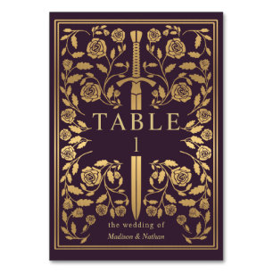 Eggplant Royal Mediaeval Sword Wedding Table Number