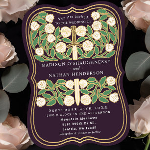 Eggplant Royal Mediaeval White Floral Sword Weddin Invitation