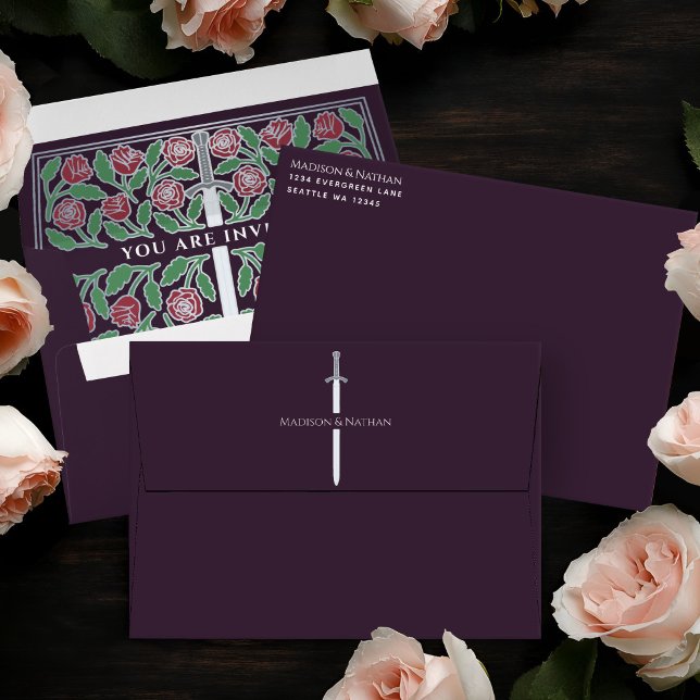 Eggplant Royal Silver Floral Sword Fantasy Wedding Envelope (Creator Uploaded)