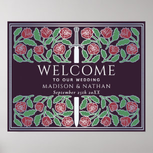Eggplant Silver Floral Royal Wedding Welcome Sign