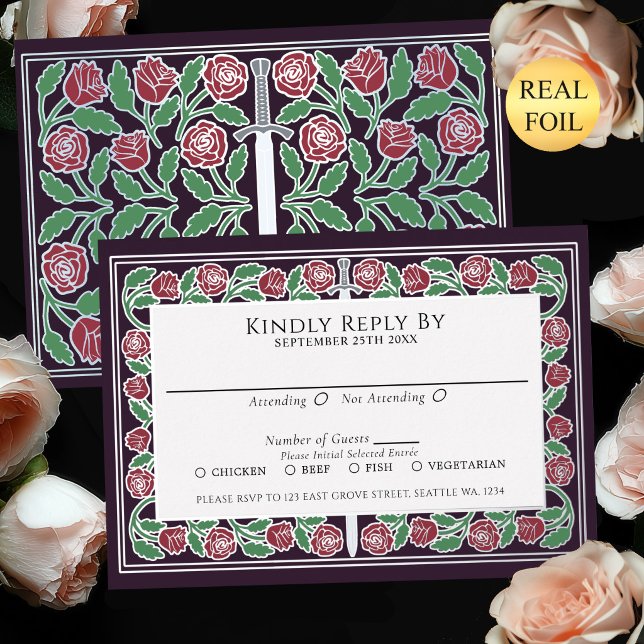 Eggplant Silver Floral Sword Royal Wedding RSVP (Creator Uploaded)