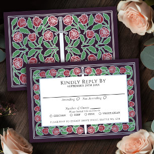 Eggplant Silver Floral Sword Royal Wedding RSVP Card