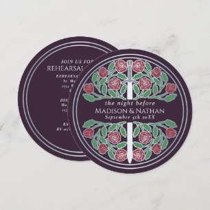 Eggplant Silver Floral Sword Wedding Rehearsal  Invitation