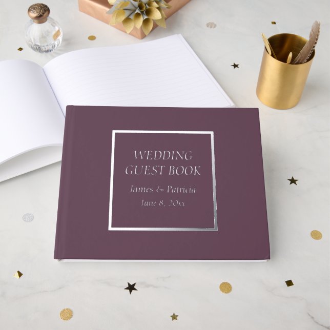 Eggplant Simple Stylised Lettering Wedding Guest Book (Front Open)
