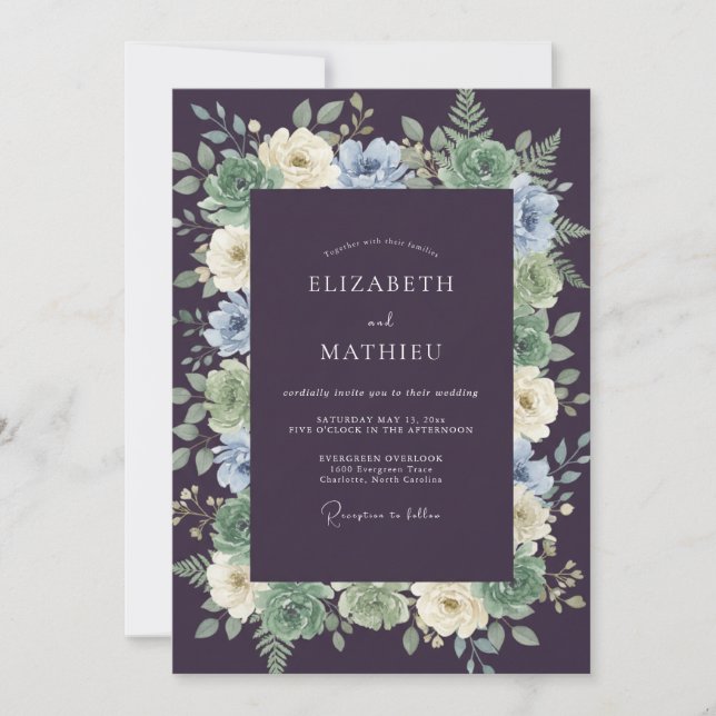 Eggplant Stately Botanical Wedding Invitation (Front)