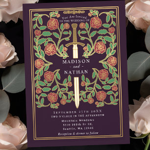 Eggplant Sword Floral Medieval Fantasy Wedding  Invitation