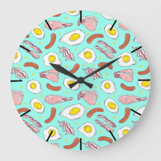 Eggs Bacon Sausages Kitchen Breakfast Food Pattern Large Clock