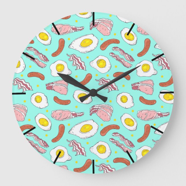 Eggs Bacon Sausages Kitchen Breakfast Food Pattern Large Clock (Front)