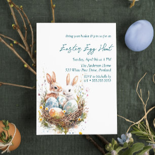 Eggs bunnies In Bird Nest Easter Egg Hunt  Invitation