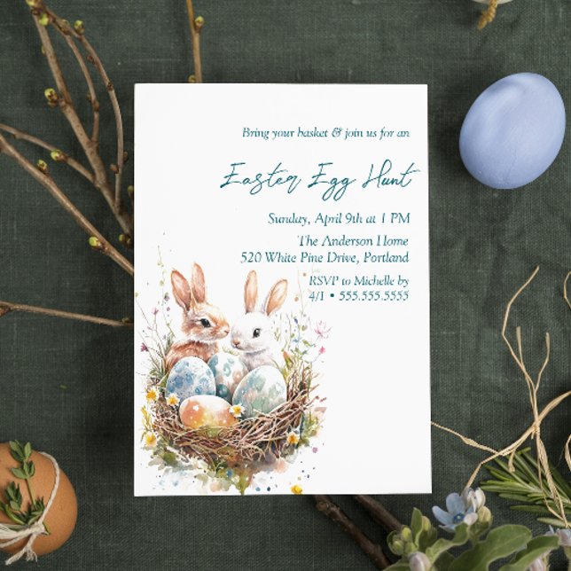 Eggs bunnies In Bird Nest Easter Egg Hunt  Invitation (Creator Uploaded)
