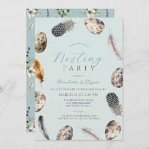 Eggs & Feathers Blue Nesting Party Baby Shower Invitation
