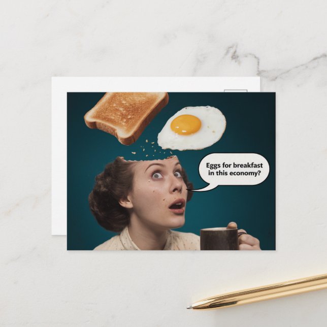 Eggs For Breakfast, economy Woman Coffee Surreal Postcard (Front/Back In Situ)