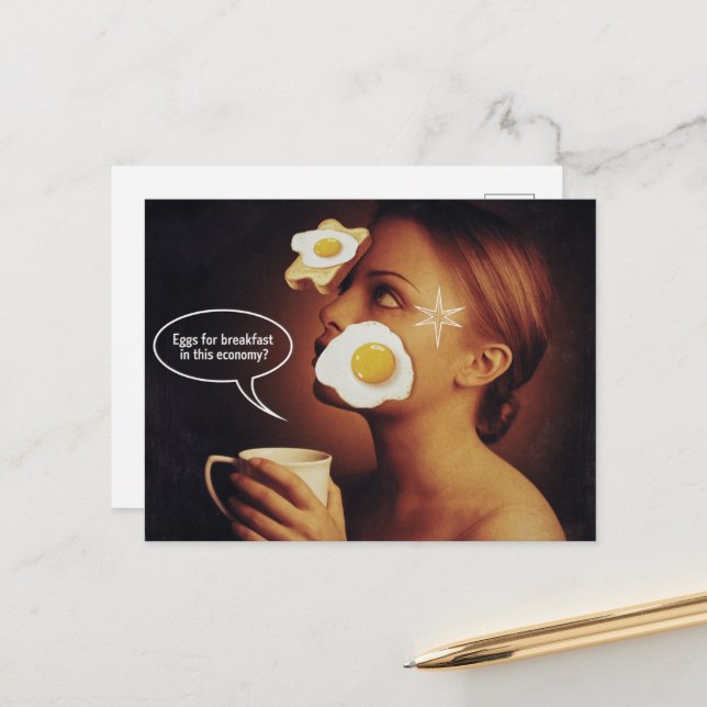 Eggs For Breakfast, In this economy Woman Coffee Postcard (Front/Back In Situ)