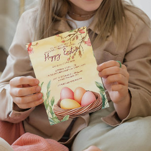 Eggs in bird nest and floral yellow happy Easter   Invitation