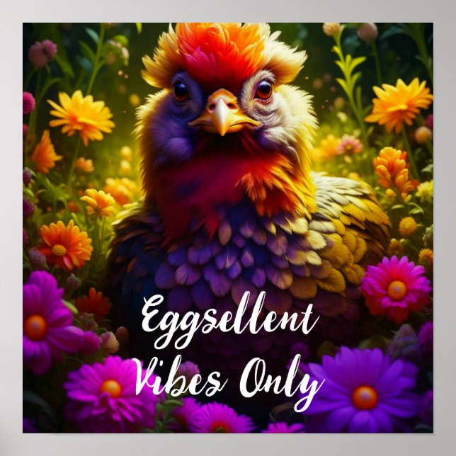 Eggsellent Vibes Only | Colourful Chicken Art Poster (Front)