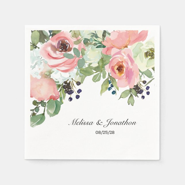Eggshell and Blush Floral Romantic Wedding Napkins (Front)