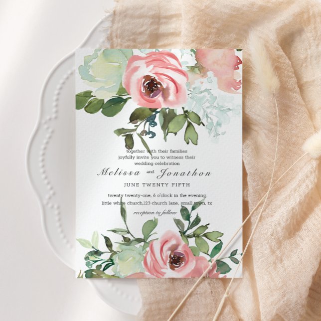 Eggshell and Blush Floral Wedding Invitation (Creator Uploaded)