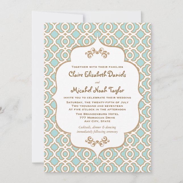 Eggshell Blue and Gold Moroccan Wedding Invitation (Front)