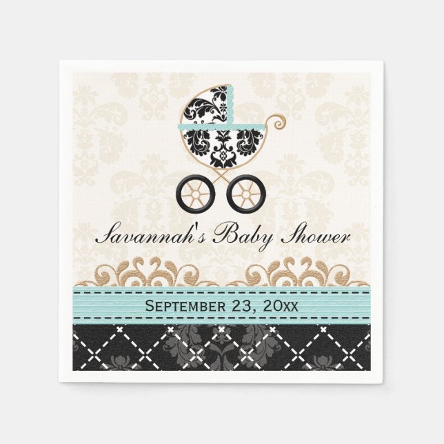 Eggshell Blue Damask Carriage Baby Shower Napkin (Front)