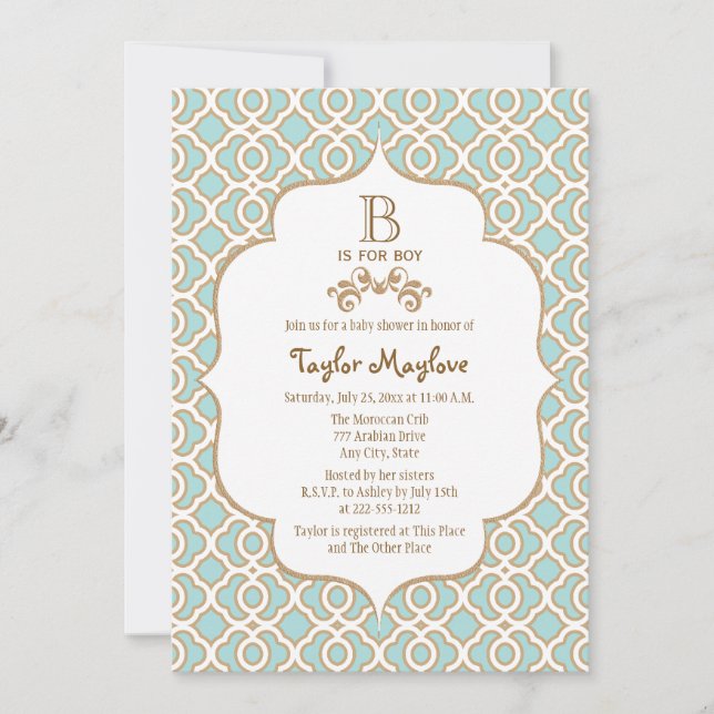 Eggshell Blue Gold Moroccan Baby Boy Shower Invitation (Front)