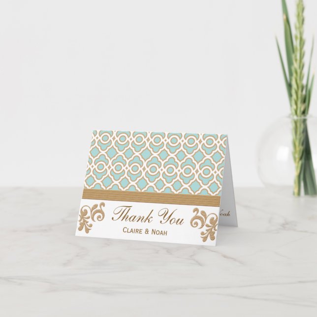 Eggshell Blue Gold Moroccan Thank You Wedding Card (Front)
