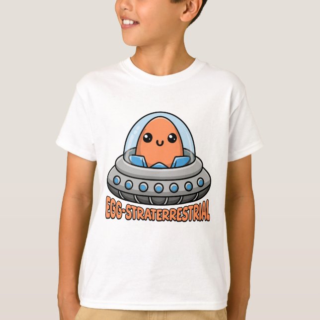 Eggstraterrestral! Cute Alien Egg UFO Pun T-Shirt (Front)