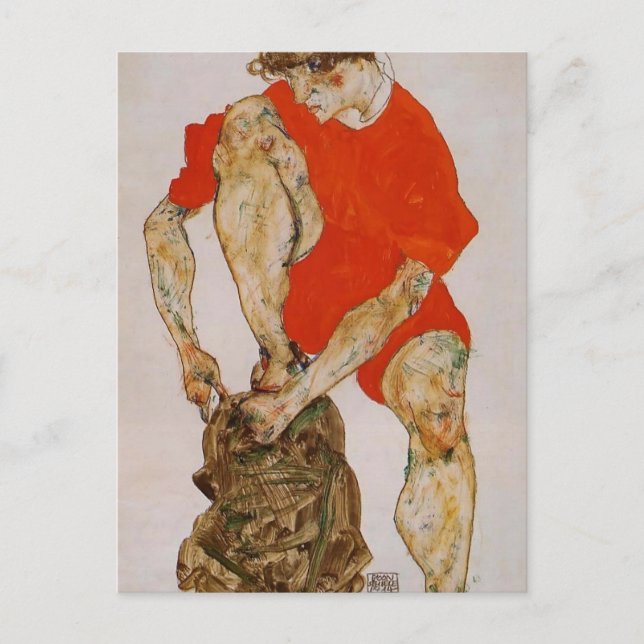 Egon Schiele-Female Model in Red Jacket & Pants Postcard (Front)