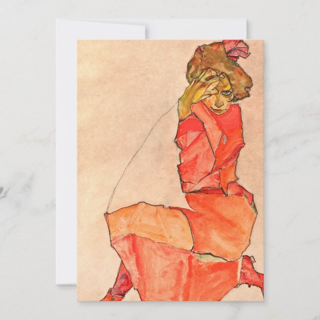 Egon Schiele - Kneeling Female In Orange Red Dress Invitation (Front)