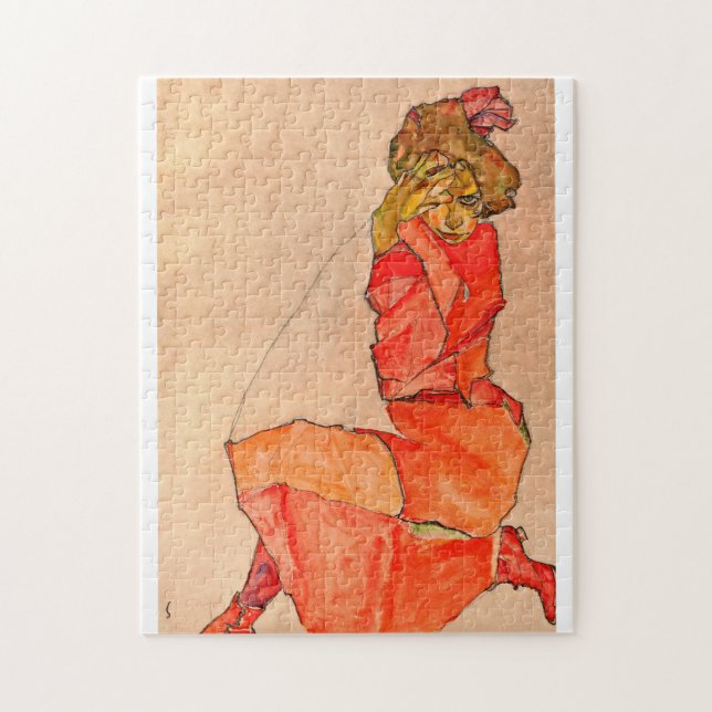 Egon Schiele - Kneeling Female In Orange Red Dress Jigsaw Puzzle (Vertical)