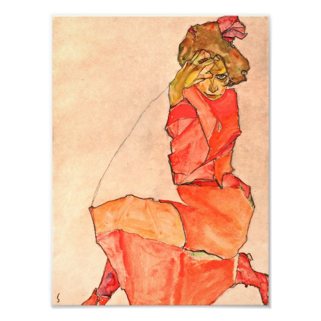 Egon Schiele - Kneeling Female In Orange Red Dress Photo Print (Front)