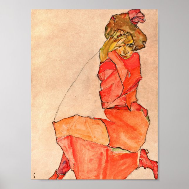 Egon Schiele - Kneeling Female In Orange Red Dress Poster (Front)
