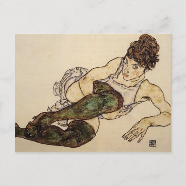 Egon Schiele- Reclining Woman with Green Stockings Postcard (Front)