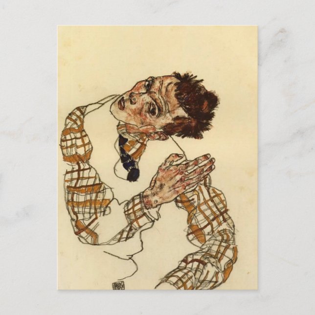 Egon Schiele- Self Portrait with Chequered Shirt Postcard (Front)