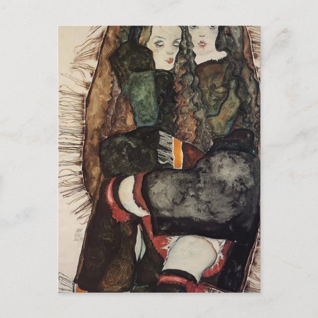 Egon Schiele- Two Girls on a Fringed Blanket Postcard (Front)