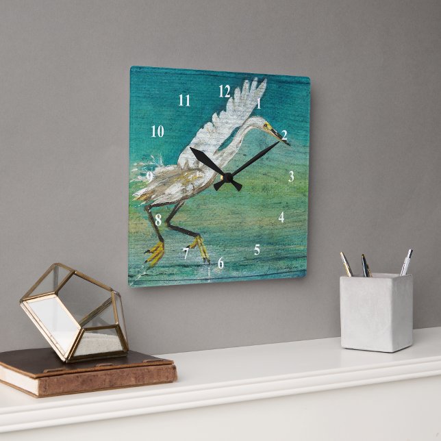 Egret Beach House Art Square Wall Clock (Gorgeous Egret Shorebird On Water Art Wall Clock From Jenn's Emporium. )