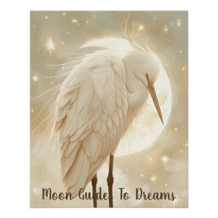 Egret bird baby sleeping on Moon Poster
