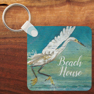 Egret Coastal Bird Ocean Lake Painting Key Ring