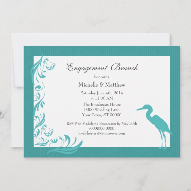 Egret / Heron Teal Engagement Brunch Invitation (Front)