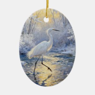 Egret in snowy winter ceramic tree decoration